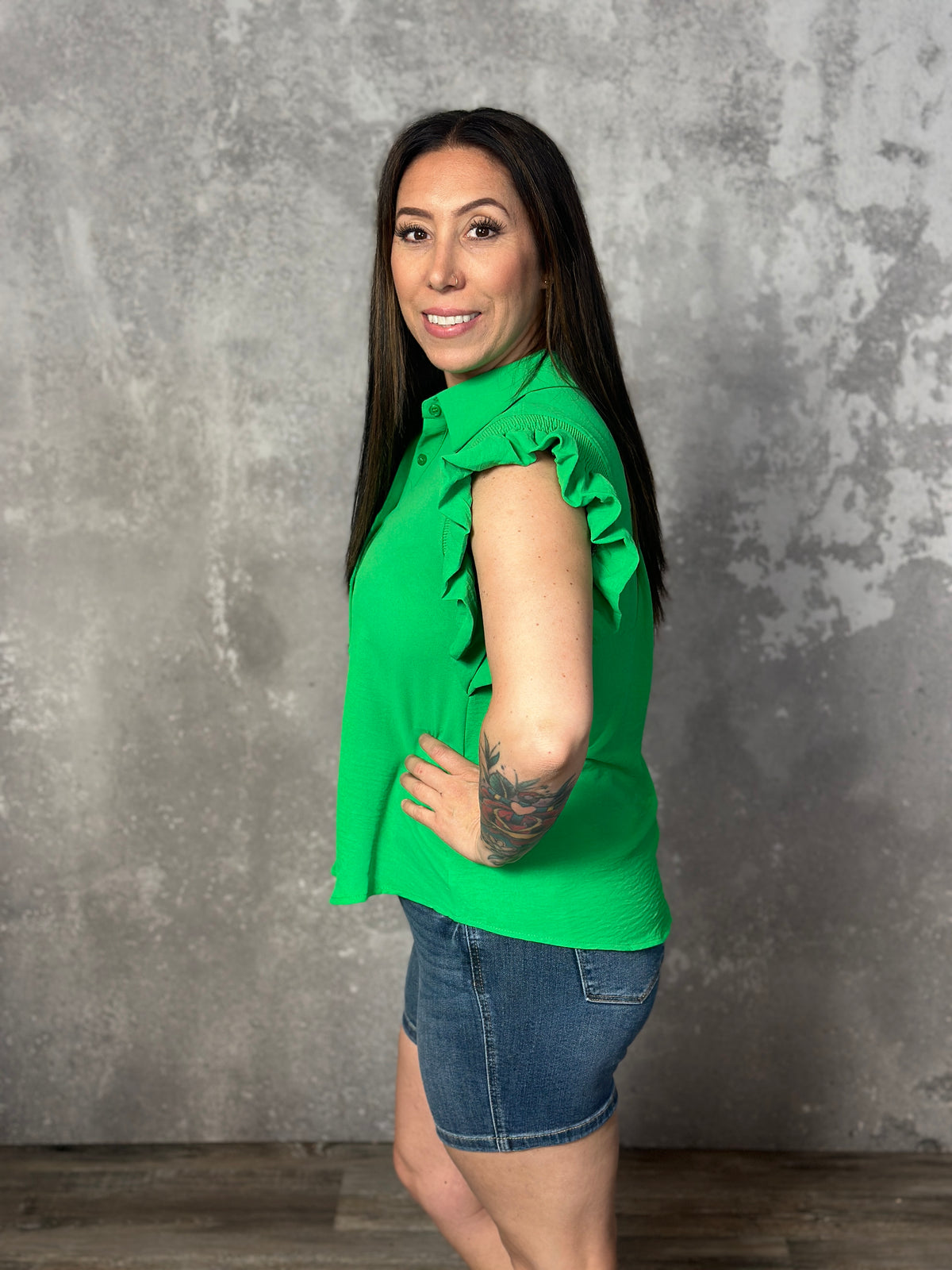 The Rebecca Ruffle Sleeve Top - Green