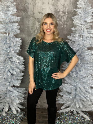 Frosty Morning Sequin Shift Top - Evergreen (Small - 3X)