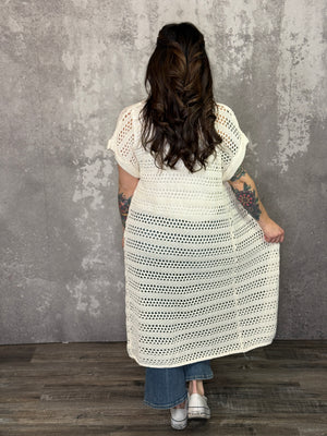 Crochet Ivory Short Sleeve Cardigan Duster