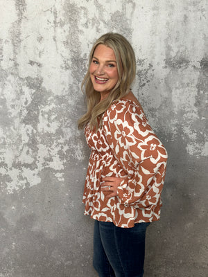 Rust Long Sleeve Smocked Floral Top