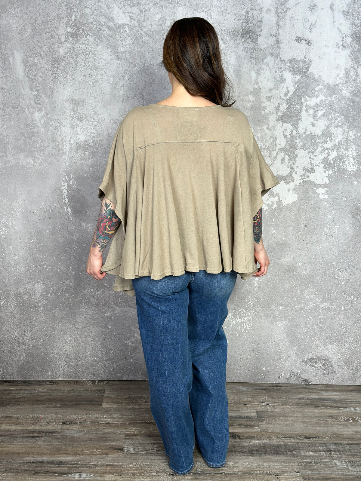 Tan Poncho Style Top with Floral Embroidery