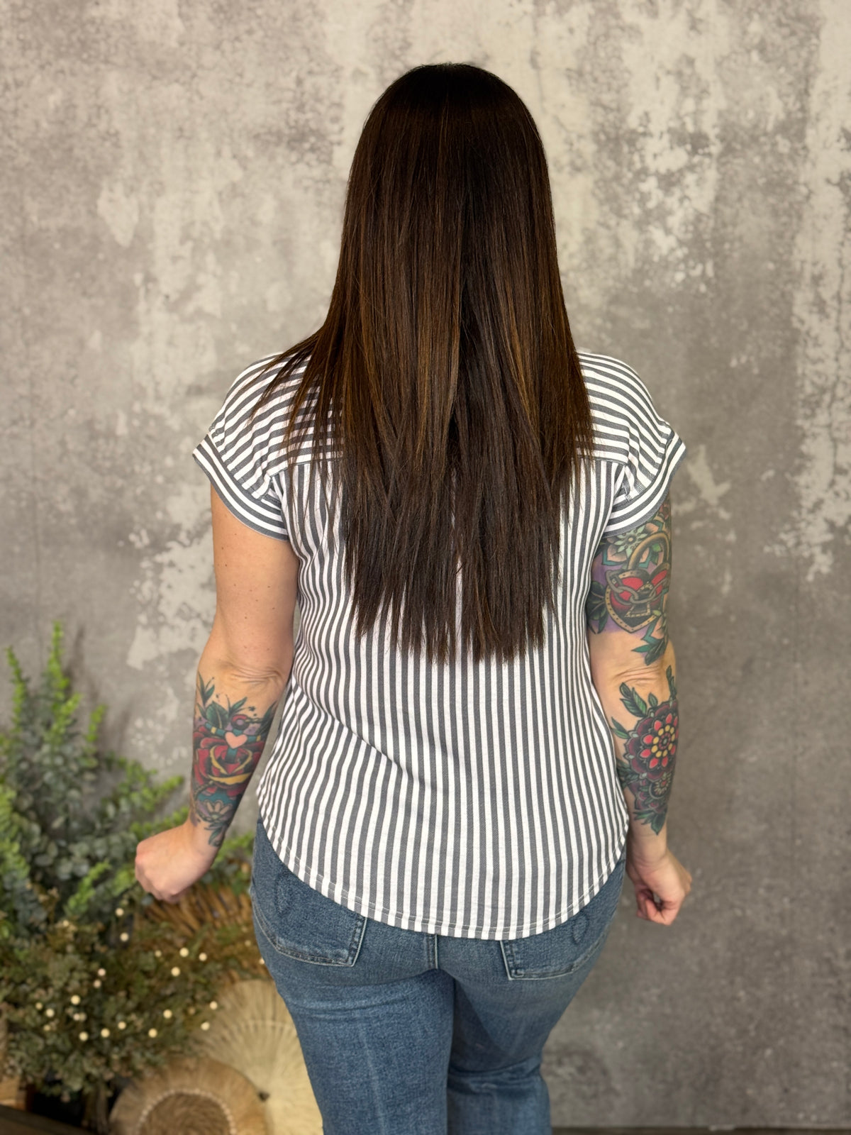 Grey Stripe Short Sleeve Top (Small - 3X)