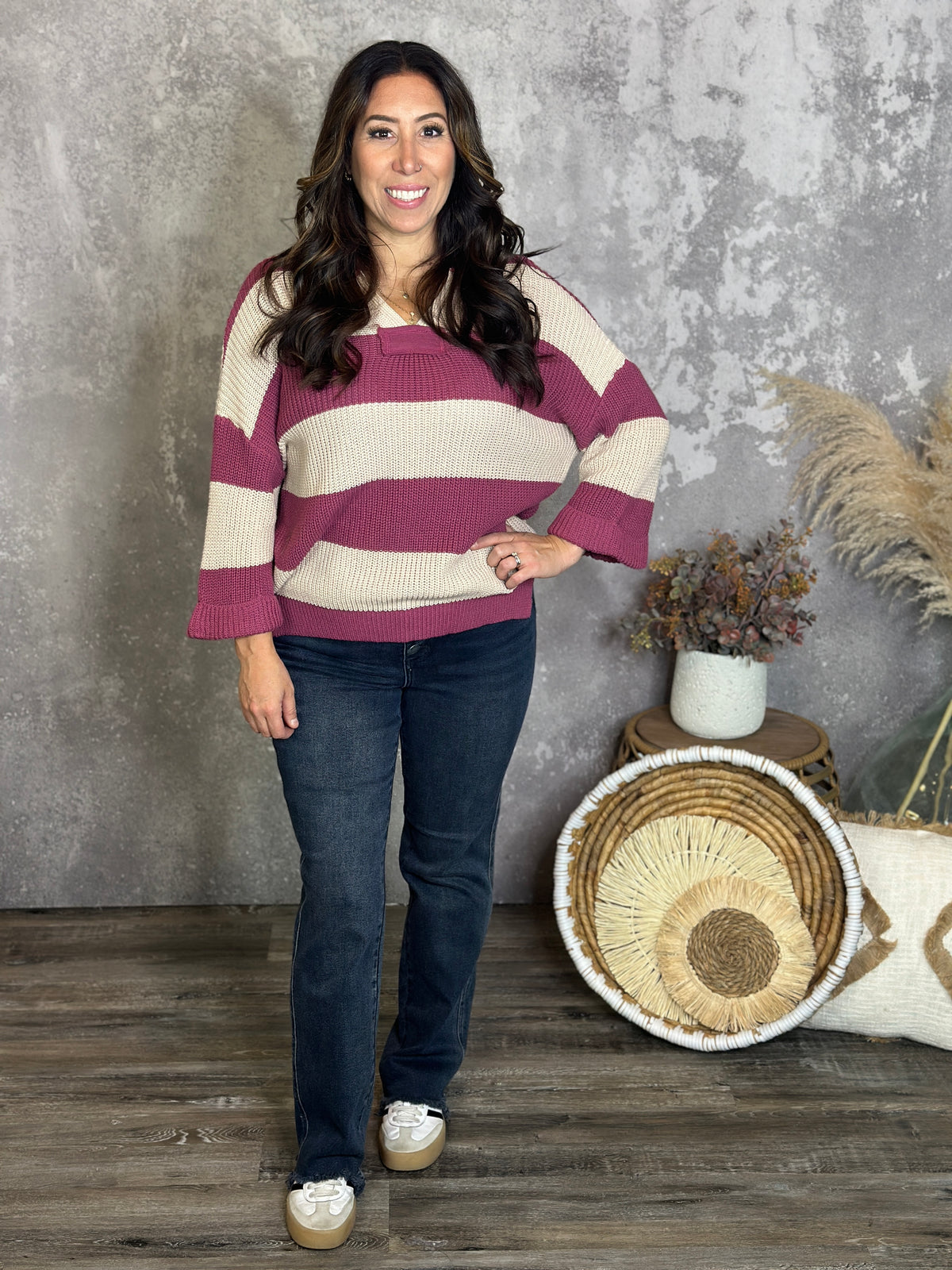 Stripe Sutton Sweater - Berry (Small - 2X)