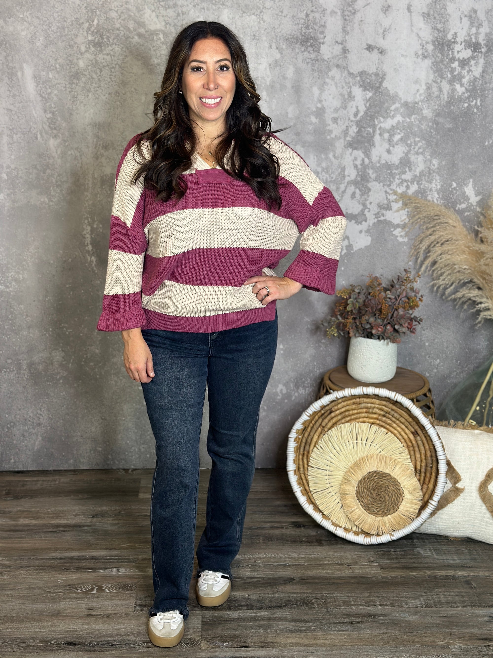 Stripe Sutton Sweater - Berry (Small - 2X)
