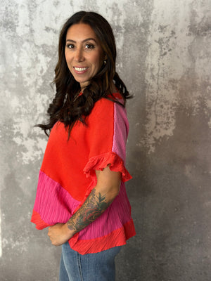 Orange and Pink Colorblock Knit top with Ruffle (Small - 3X)