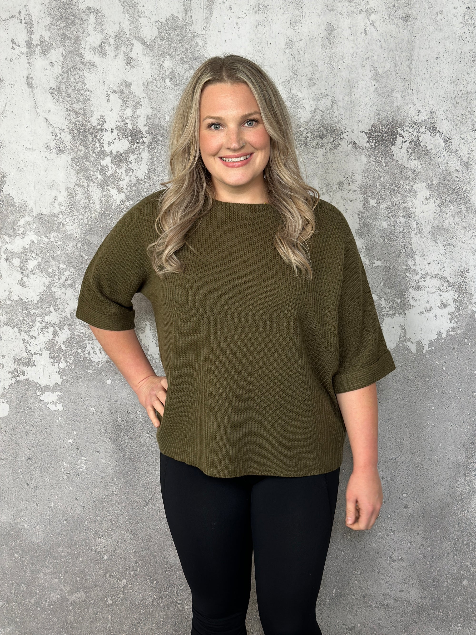 Short Sleeve Knit Olive Sweater  (Small - 3X)
