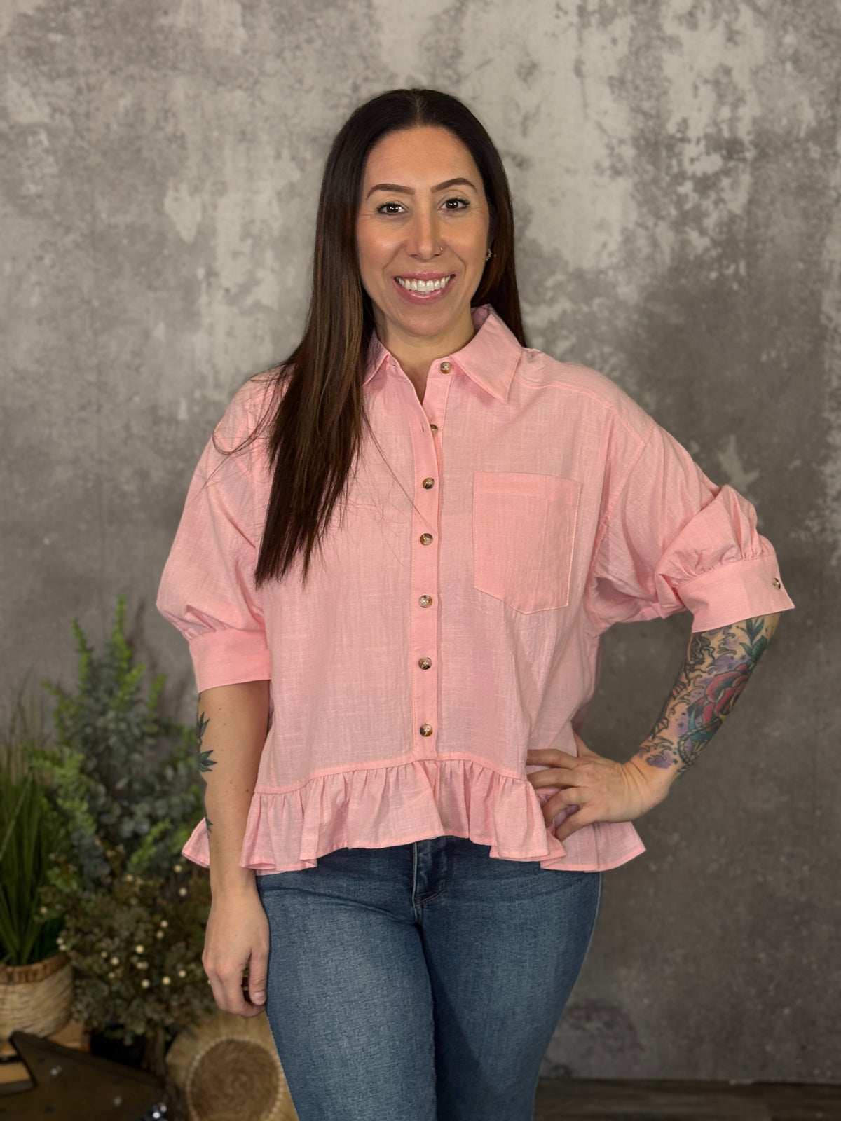 Short Sleeve Coral Peplum Top  (Small - 3X)