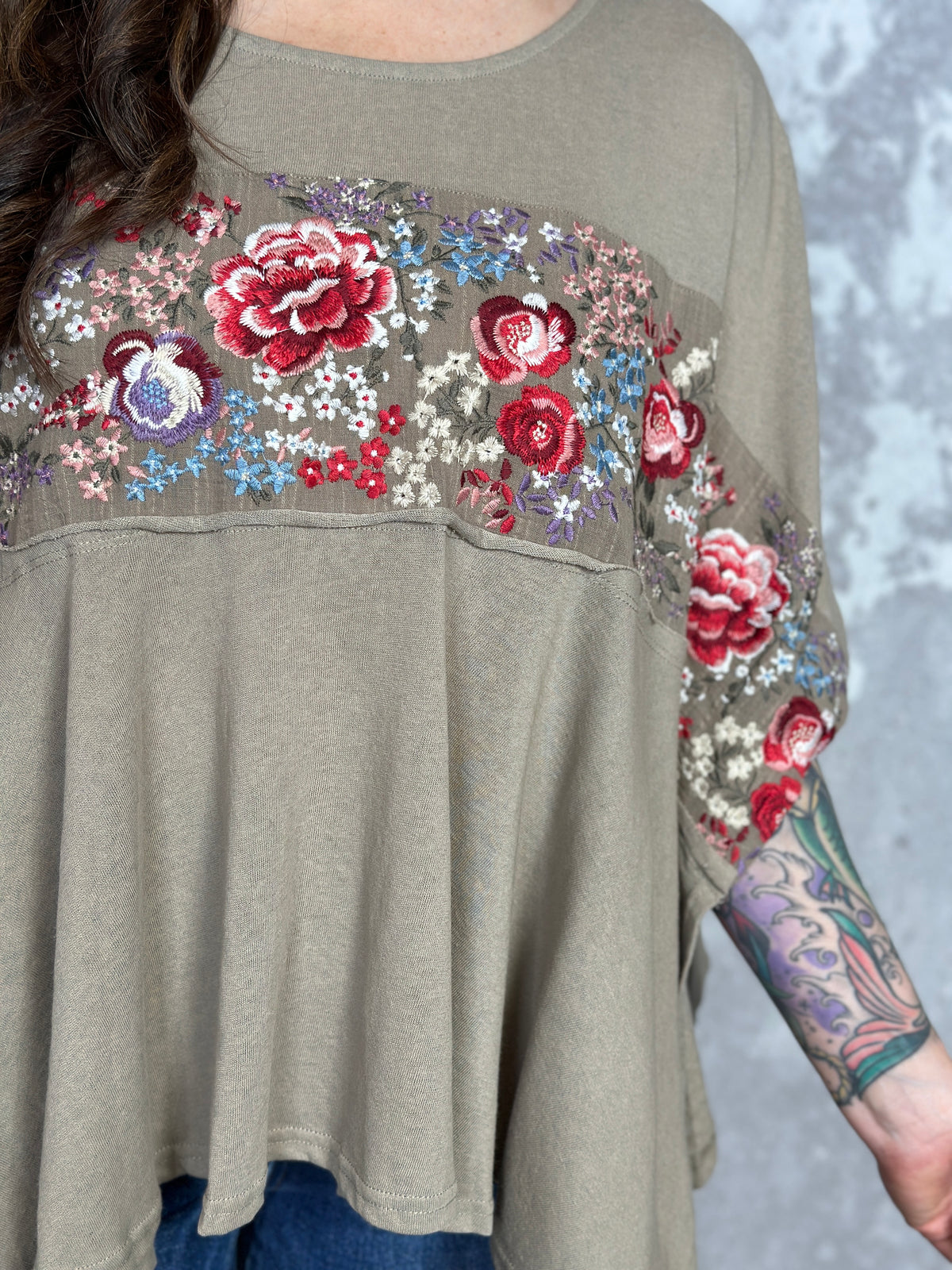 Tan Poncho Style Top with Floral Embroidery