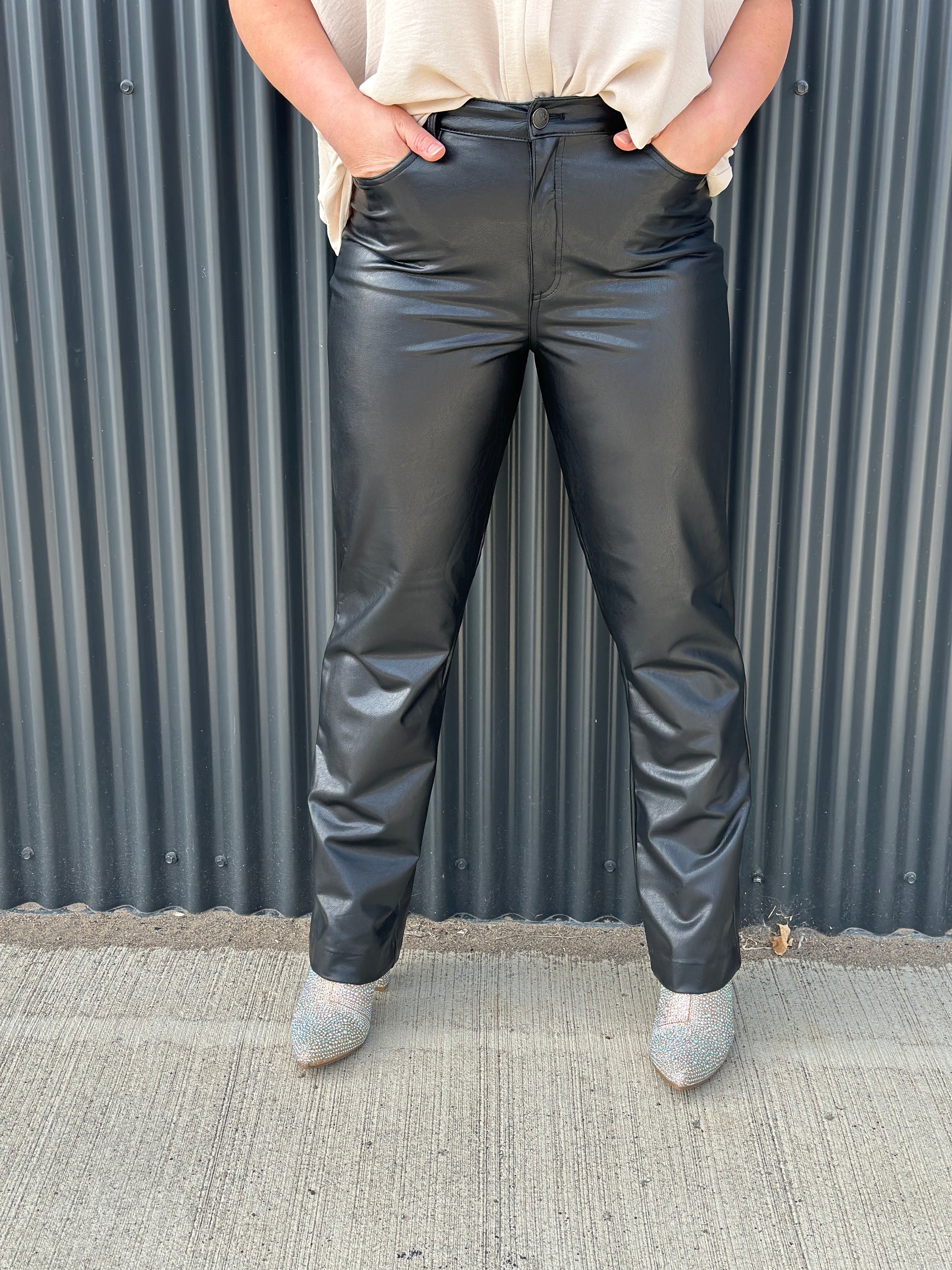 Faux Leather Farah Straight Leg Pants - Black