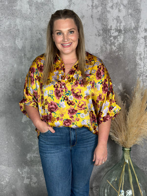 Mustard Burgundy Floral 3/4 Length Top - FINAL SALE