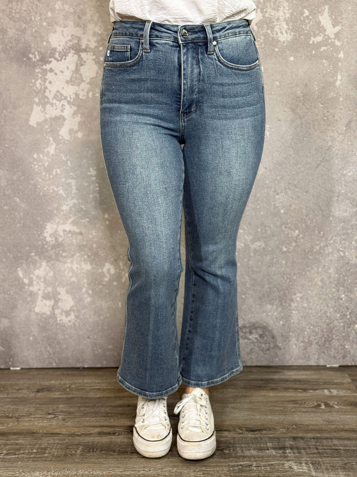 Judy Blue High Rise Medium Wash Tummy Control Kick Flare Crop Jean (sizes 0/24-24W)