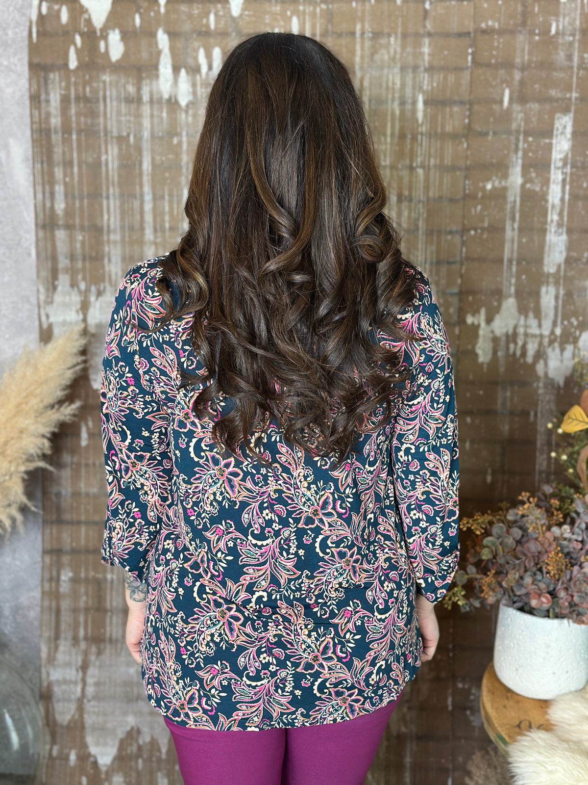 The Lux 3/4 Sleeve Lizzie Top - Dark Teal Floral