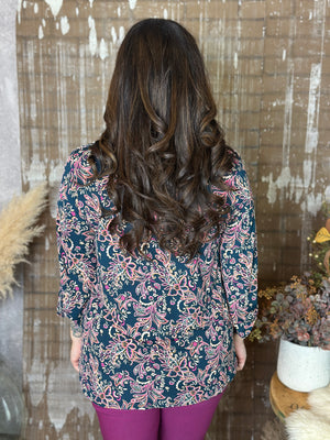 The Lux 3/4 Sleeve Lizzie Top - Dark Teal Floral