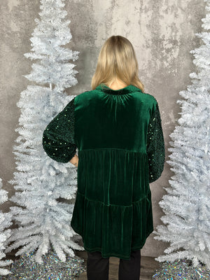 Velvet Babydoll Tunic Top with Sequin Sleeve - Evergreen  (Small - 2X)