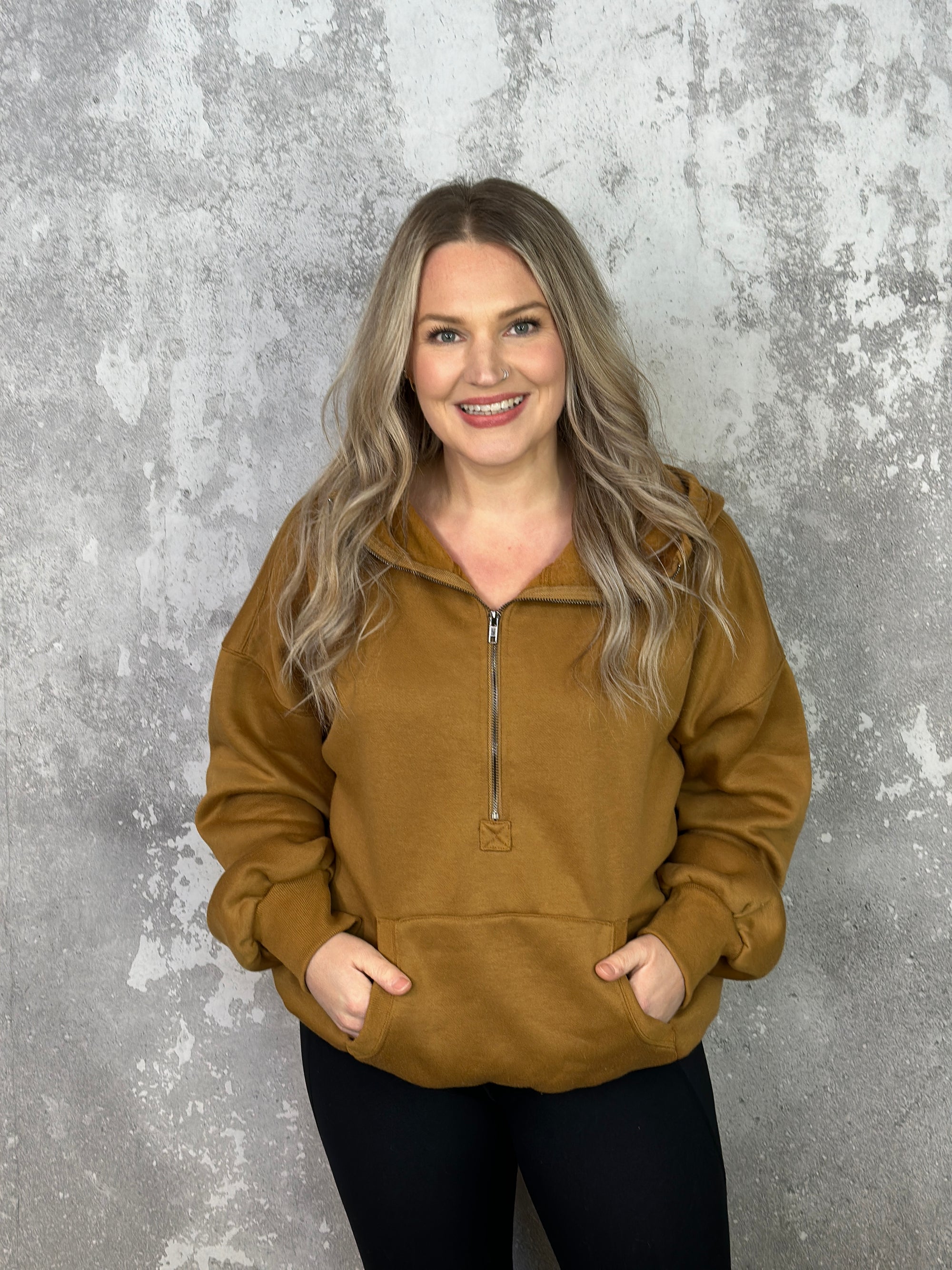 Fleece Lined Bomber Sweatshirt with Hood - Camel