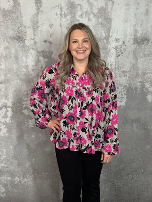 Light Grey and Hot Pink Floral Blouse (Small - 3X) - FINAL SALE