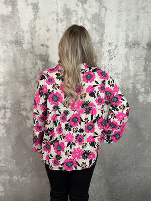 Light Grey and Hot Pink Floral Blouse (Small - 3X) - FINAL SALE