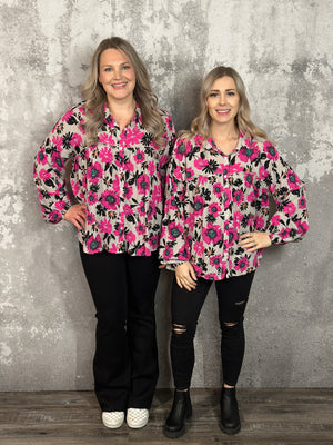 Light Grey and Hot Pink Floral Blouse (Small - 3X) - FINAL SALE