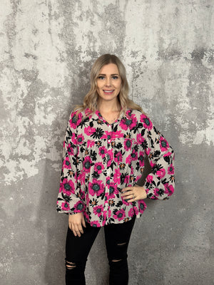 Light Grey and Hot Pink Floral Blouse (Small - 3X) - FINAL SALE