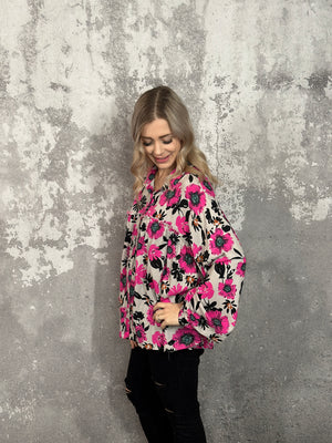 Light Grey and Hot Pink Floral Blouse (Small - 3X) - FINAL SALE