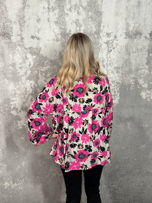 Light Grey and Hot Pink Floral Blouse (Small - 3X) - FINAL SALE