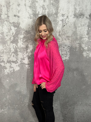 Pink Neck Tie Blouse with Rhinestone Sleeves