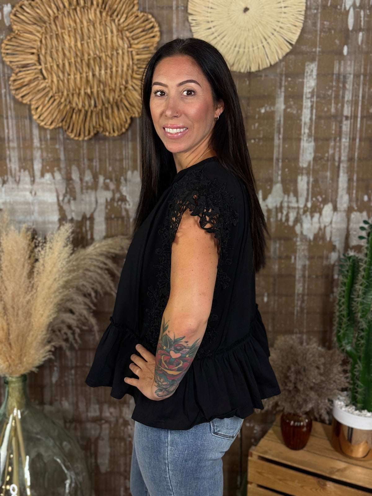 Lace Sleeve Peplum Ruffle Top - Black