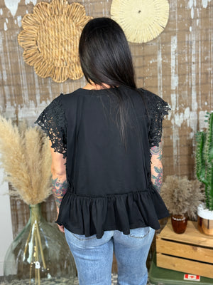 Lace Sleeve Peplum Ruffle Top - Black