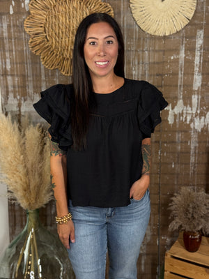 Double Ruffle Sleeve Top with Lace Inserts