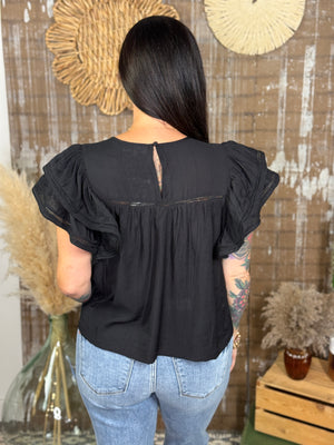 Double Ruffle Sleeve Top with Lace Inserts