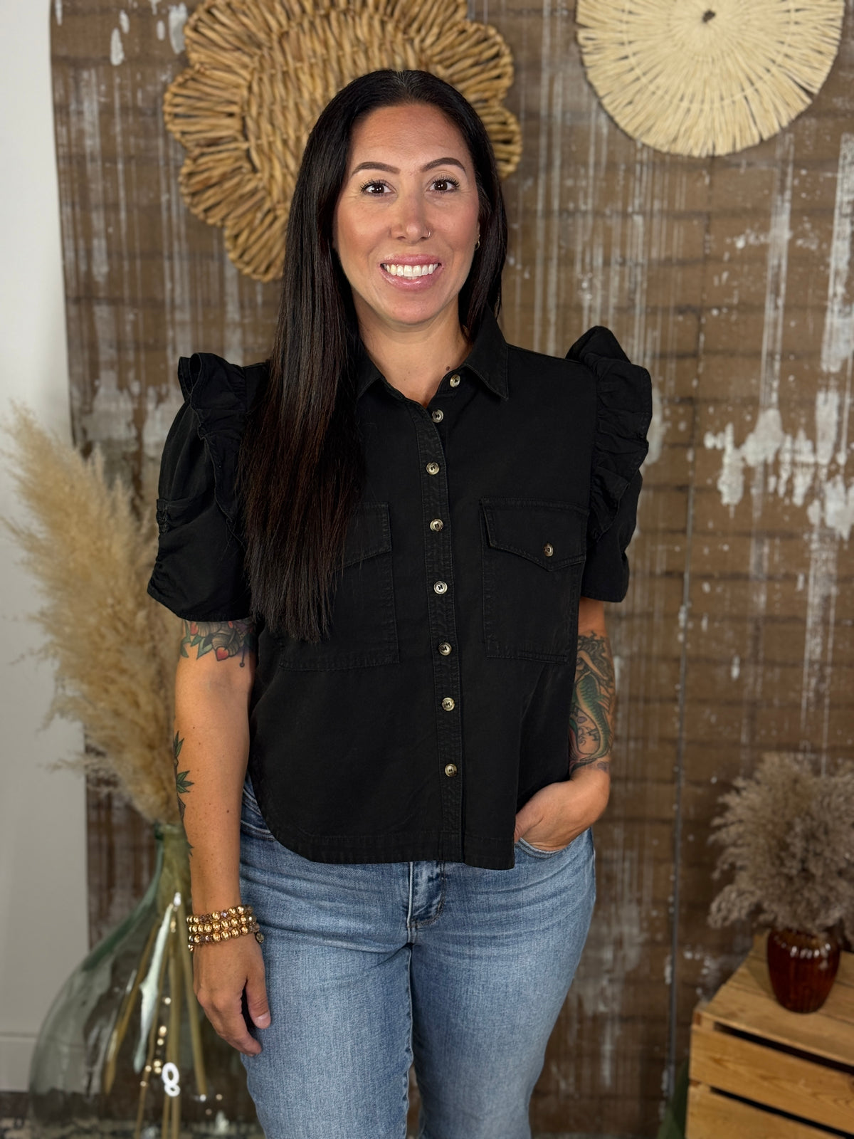Ruffled Sleeve Collared Button Up Top