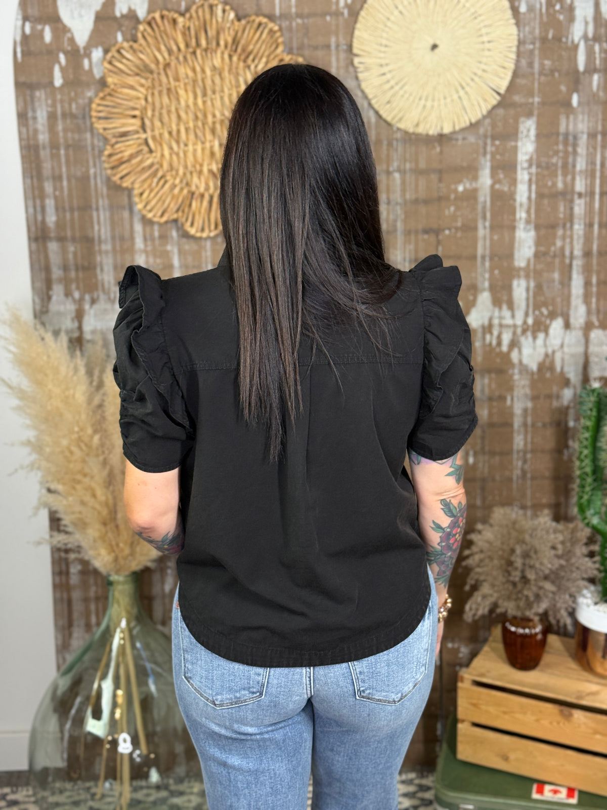 Ruffled Sleeve Collared Button Up Top