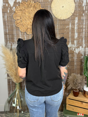 Ruffled Sleeve Collared Button Up Top