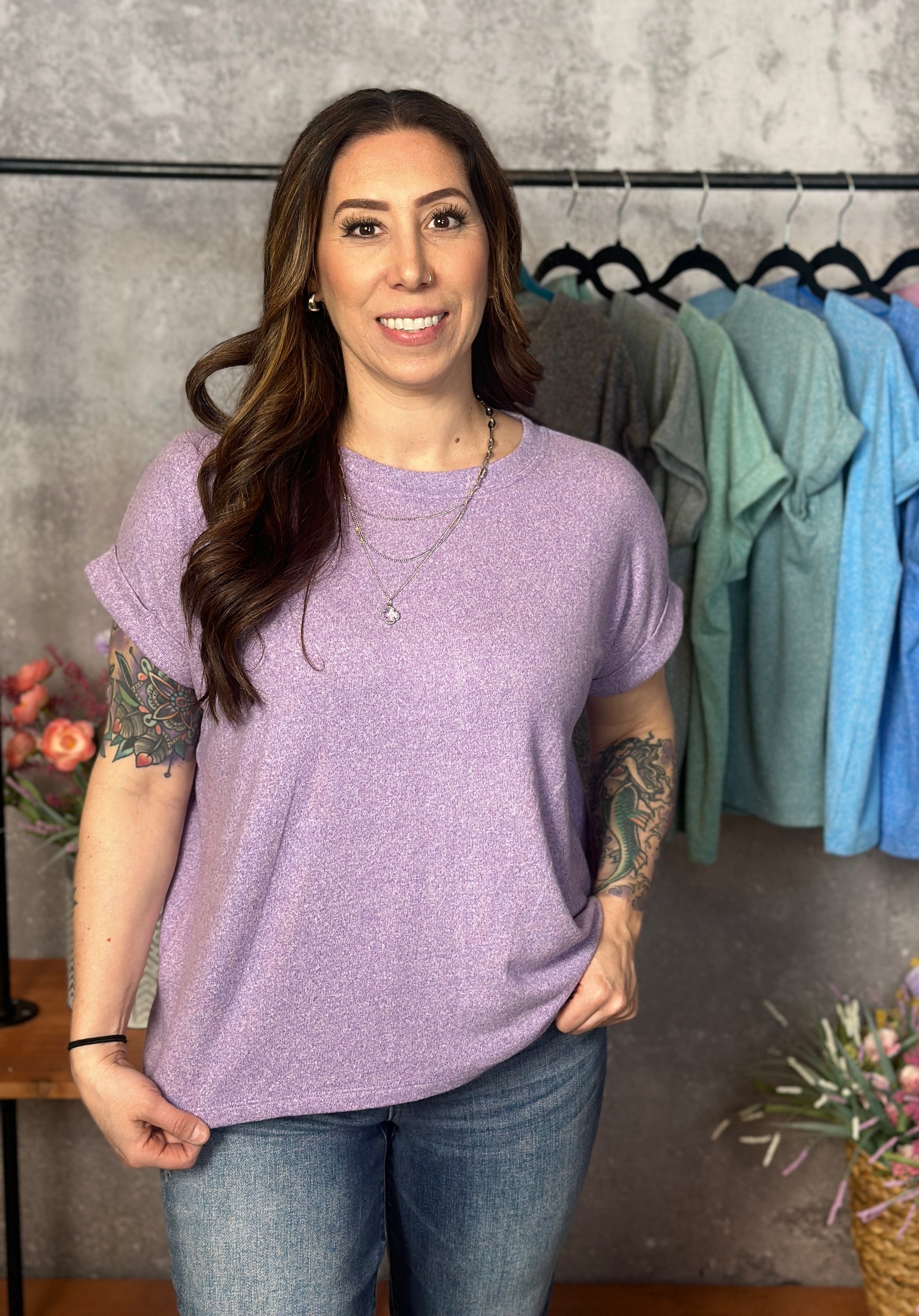 Soft Hacci Round Neck Top - Lavender