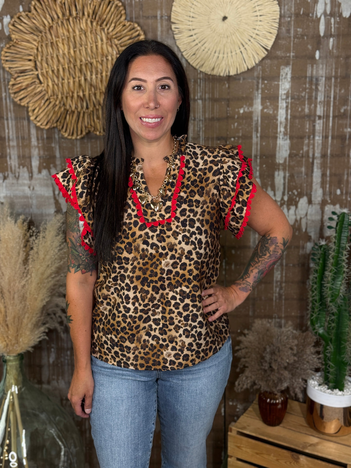 Leopard Top with Red Trim