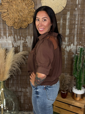 Brown short Sleeve Mesh Lace Yoke Top (Small - 2X)