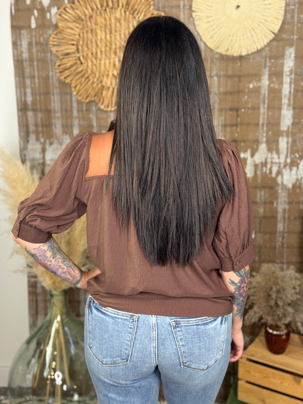 Brown short Sleeve Mesh Lace Yoke Top (Small - 2X)