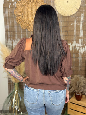 Brown short Sleeve Mesh Lace Yoke Top (Small - 2X)