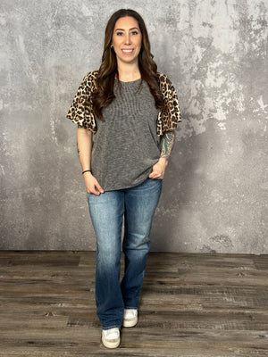 Charcoal Ribbed Roundneck Tee with Leopard Sleeves (Small - 3X)