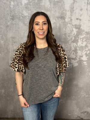 Charcoal Ribbed Roundneck Tee with Leopard Sleeves (Small - 3X)