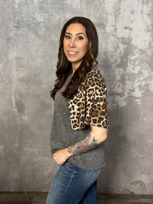 Charcoal Ribbed Roundneck Tee with Leopard Sleeves (Small - 3X)