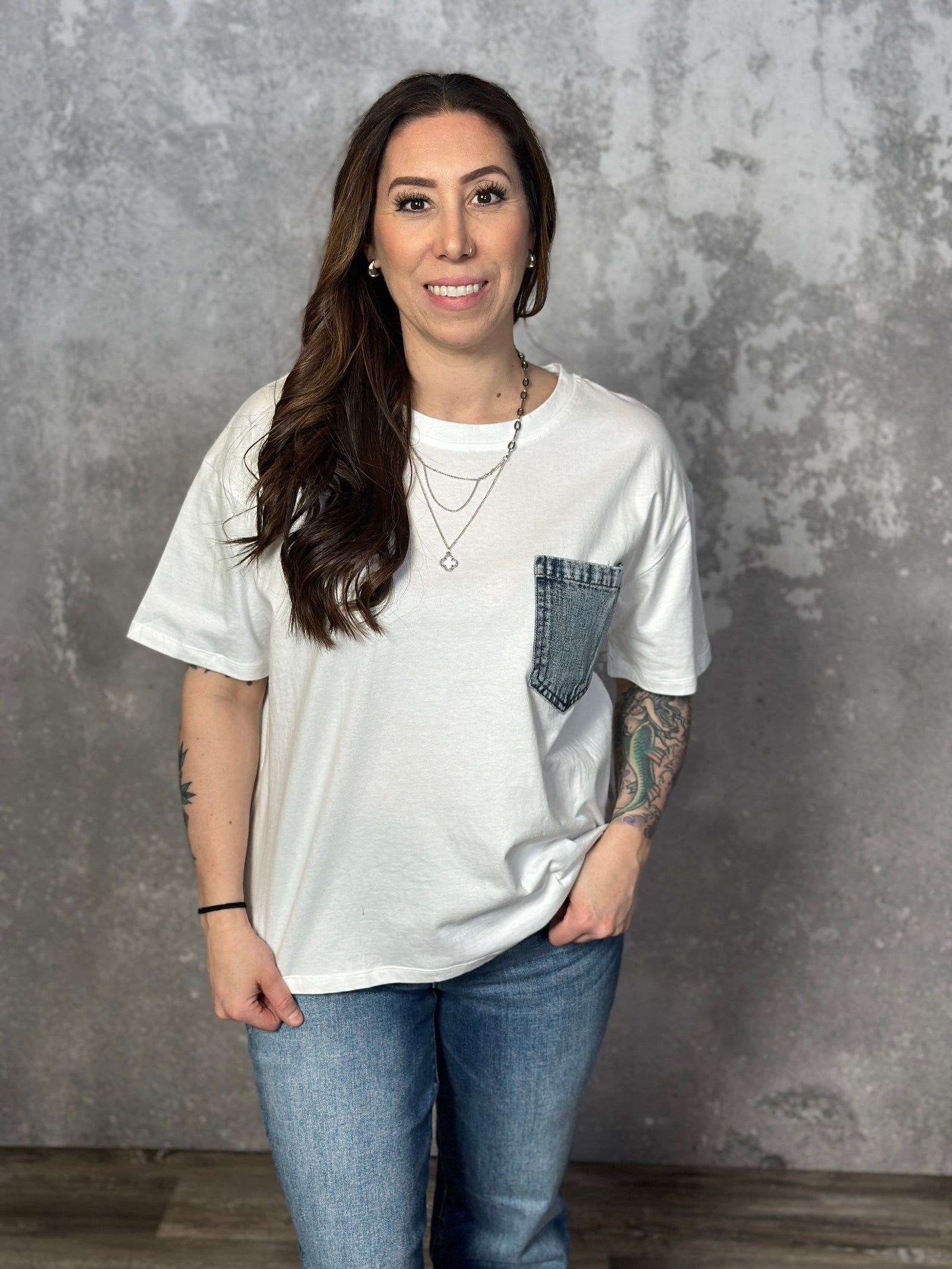 Denim Pocket Tee - White (Small - 3X)