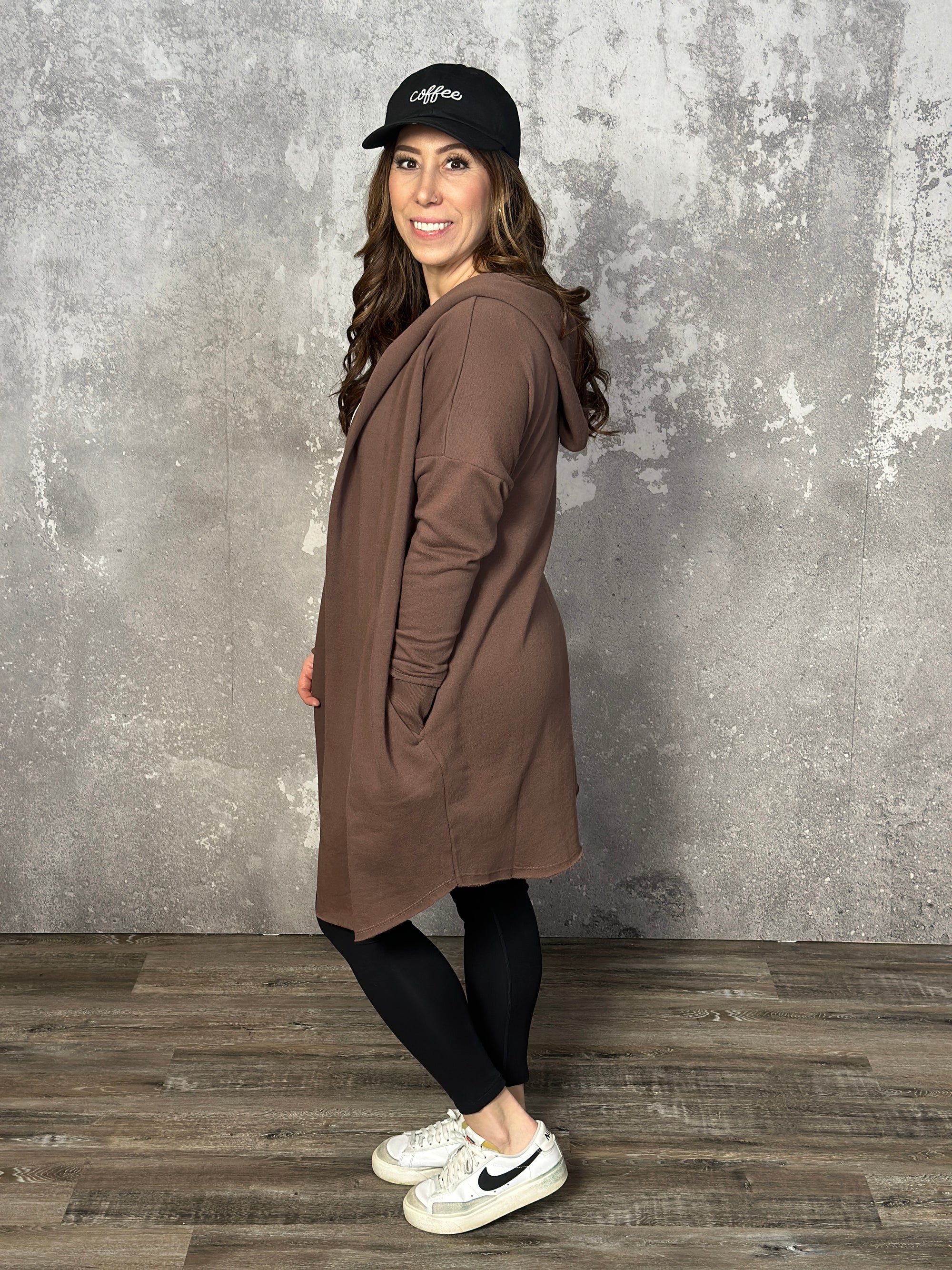 Hooded Longline Cardigan - Brown