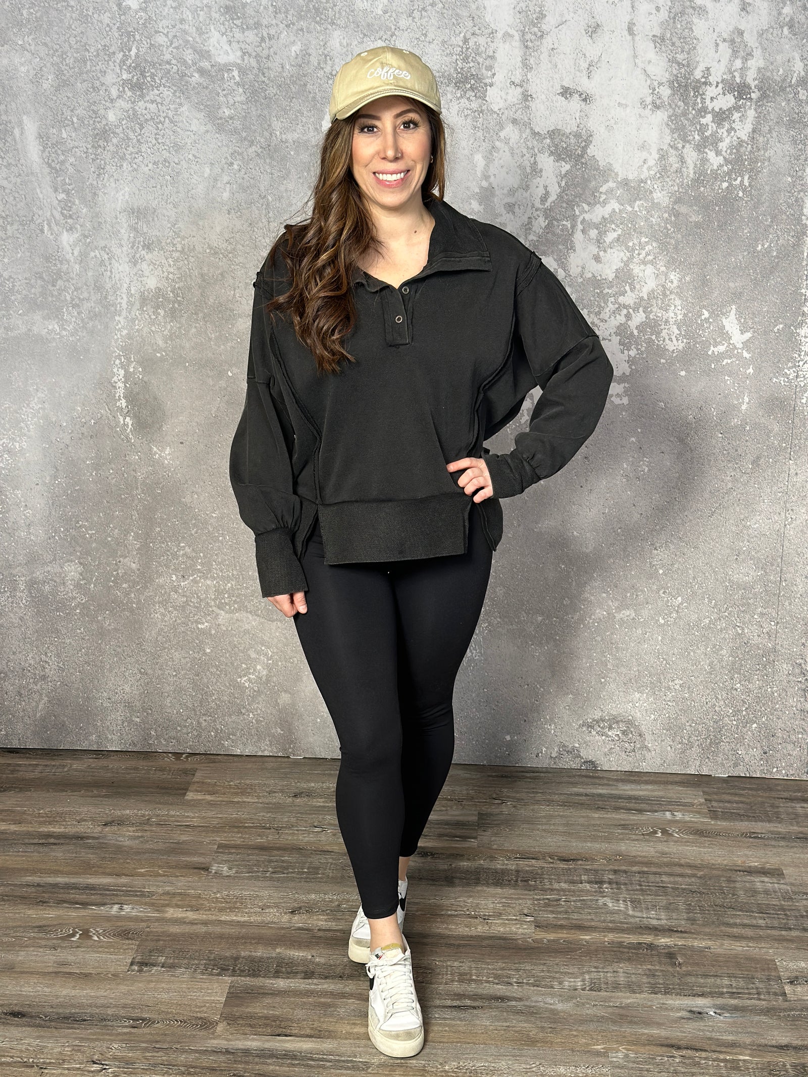 Black Mineral Wash Collared Sweatshirt  (Small - 3X)