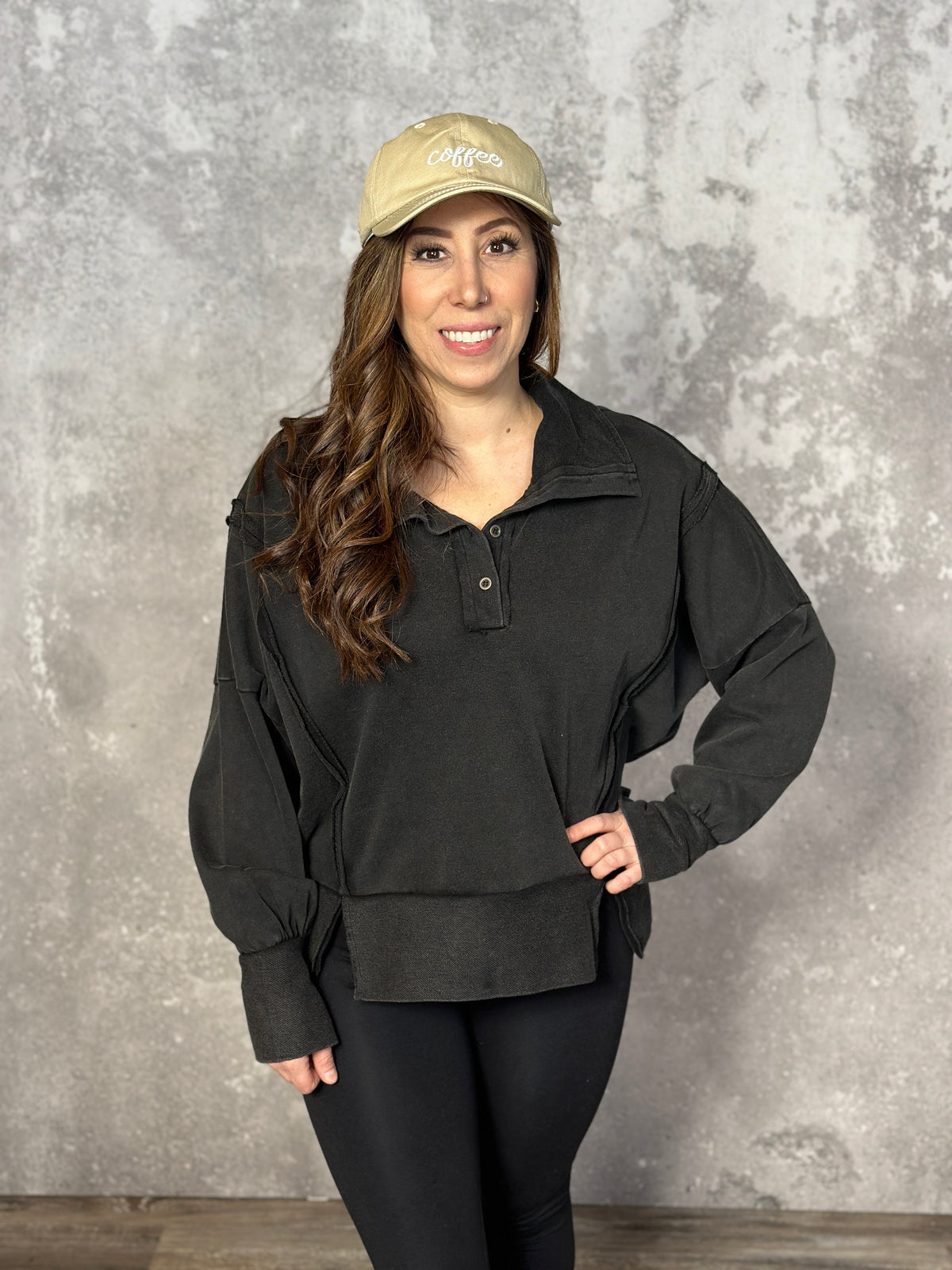 Black Mineral Wash Collared Sweatshirt  (Small - 3X)