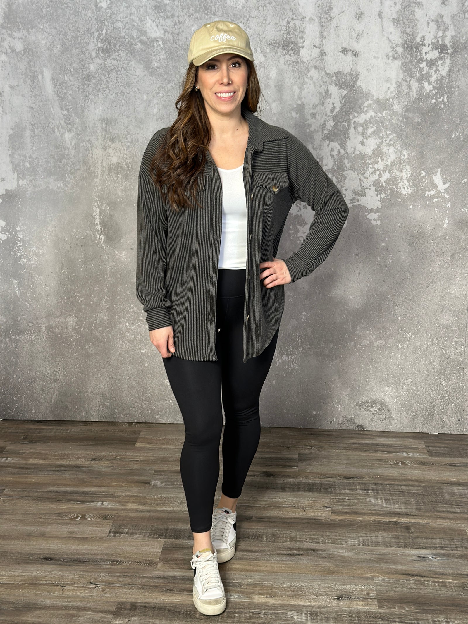 Lightweight Ribbed Shacket - Charcoal (Small - 3X)