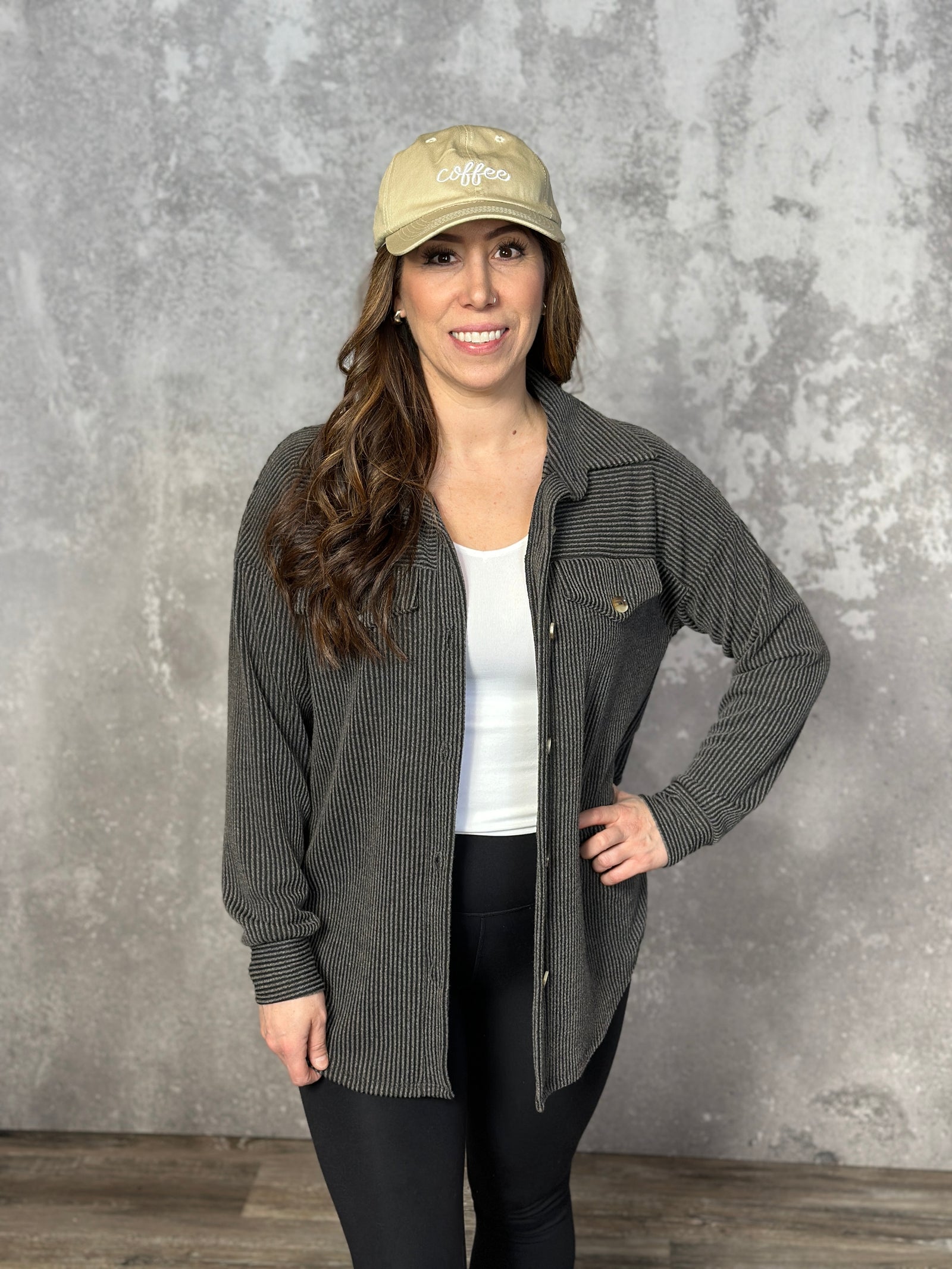 Lightweight Ribbed Shacket - Charcoal (Small - 3X)