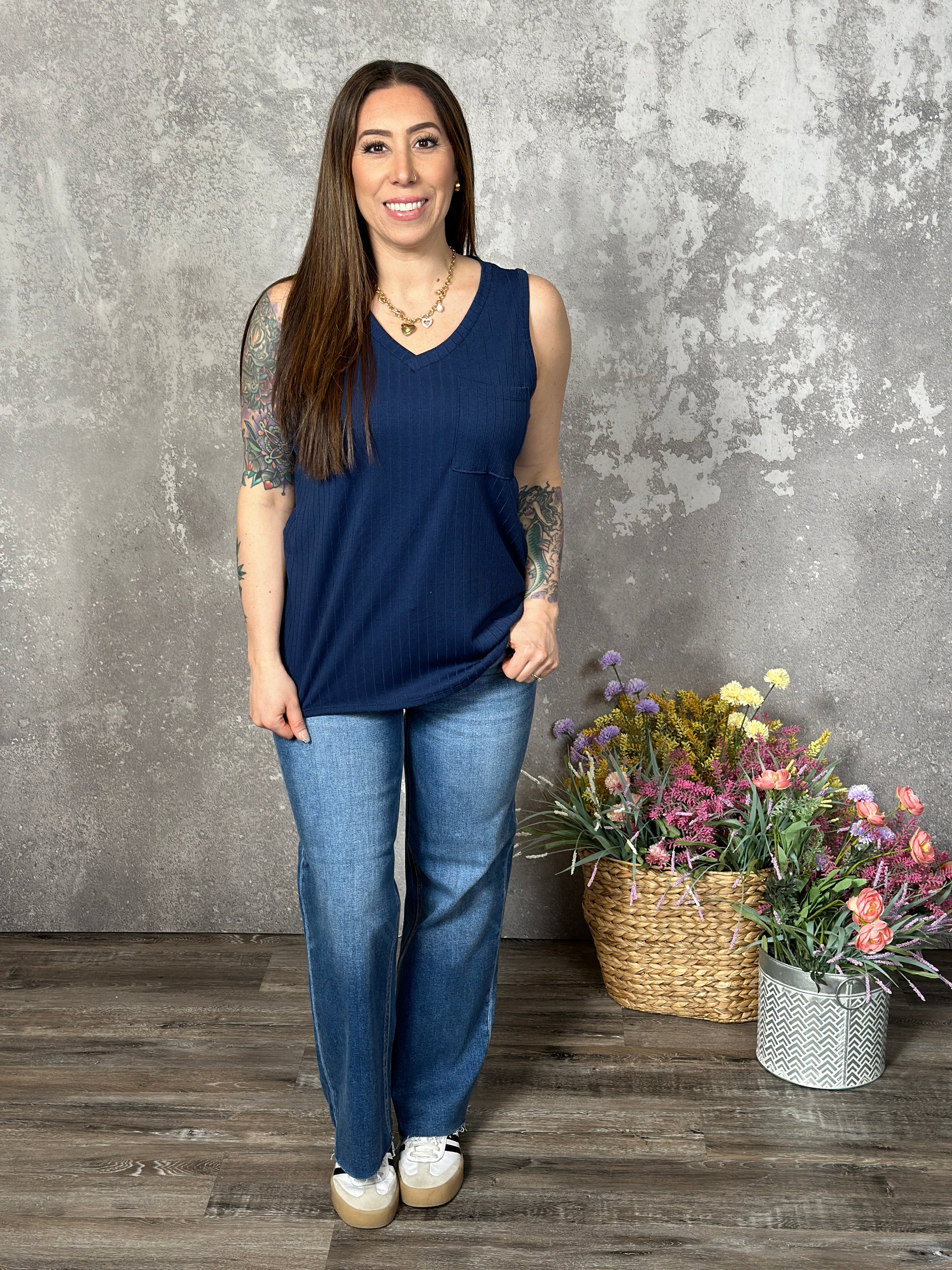 Pocket Vneck Tank - Navy (Small - 3X)