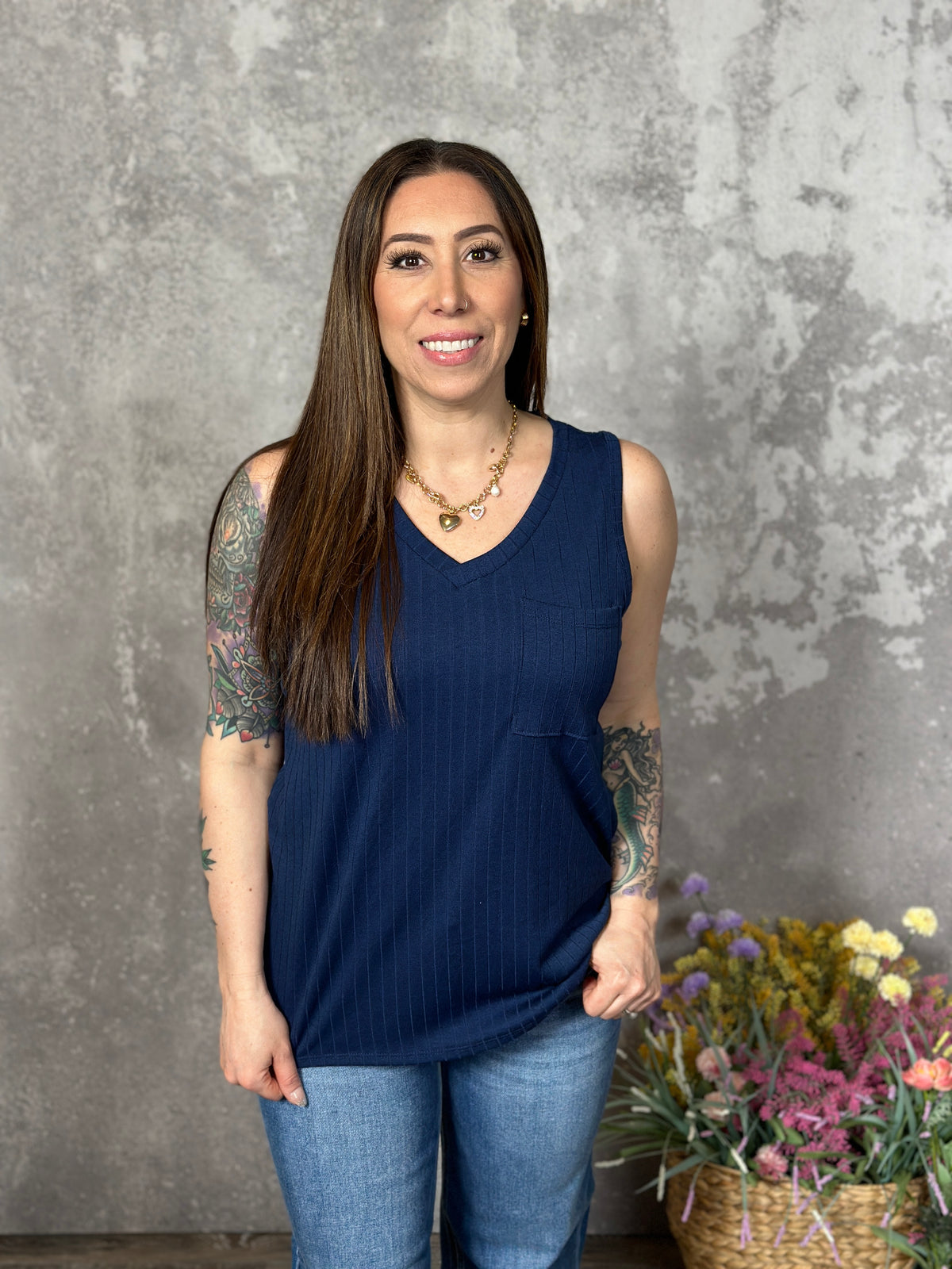 Pocket Vneck Tank - Navy (Small - 3X) - FINAL SALE