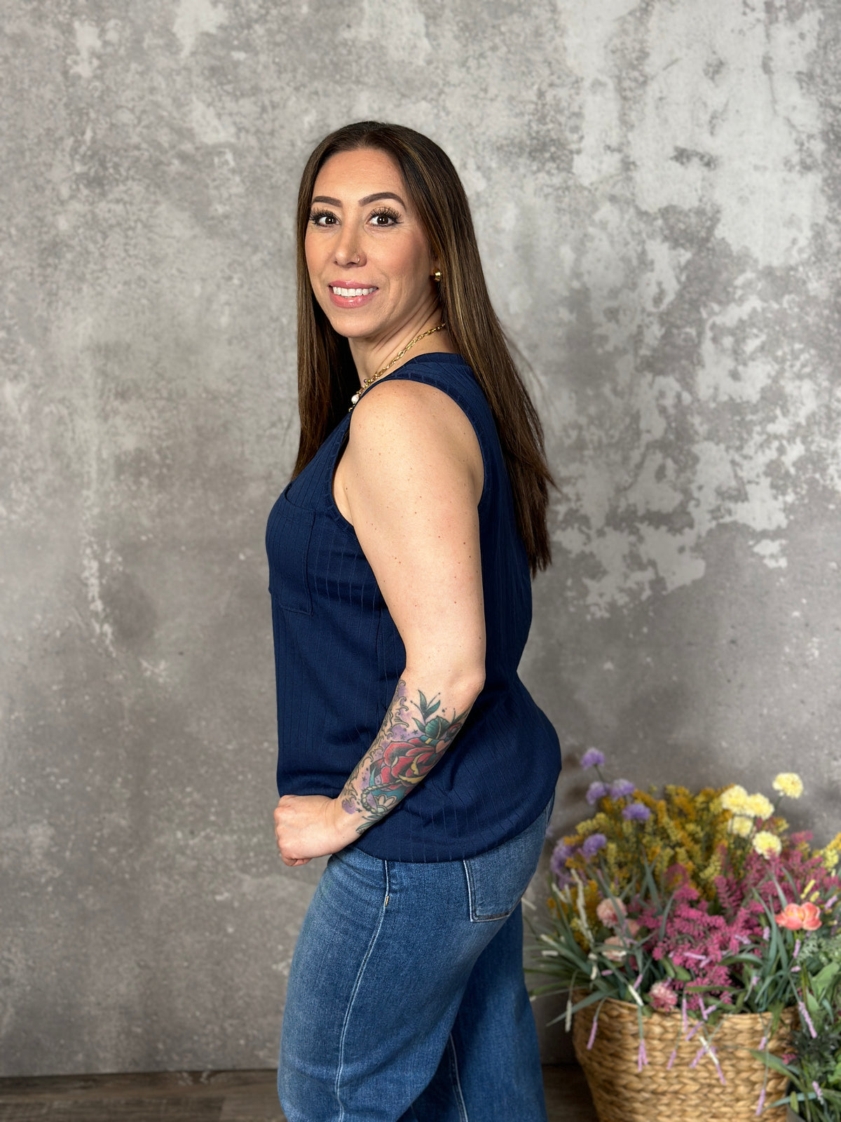 Pocket Vneck Tank - Navy (Small - 3X) - FINAL SALE